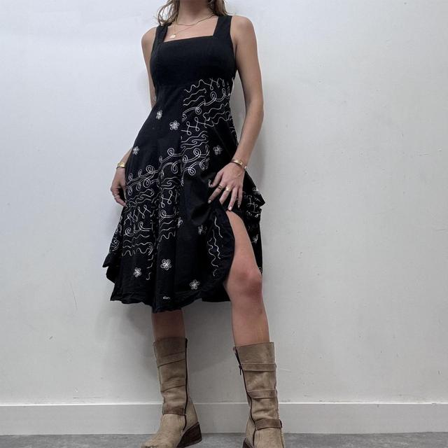 Black boho embroidered flared midi dress