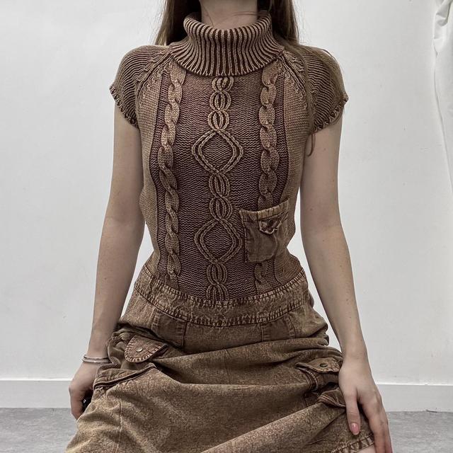 Brown distressed cable knit cargo denim dress