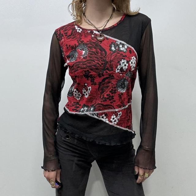 Black mesh red floral top