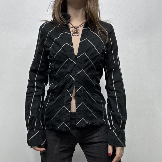 Black flared pinstripe office shirt