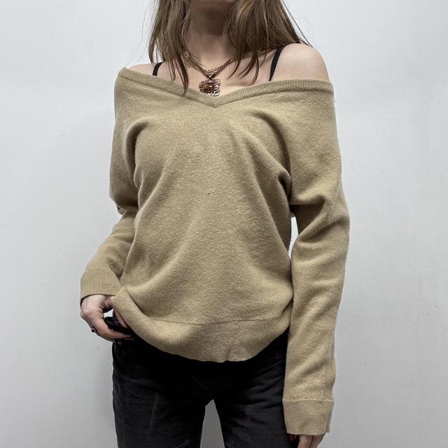 Tan off the shoulder slouchy cashmere jumper