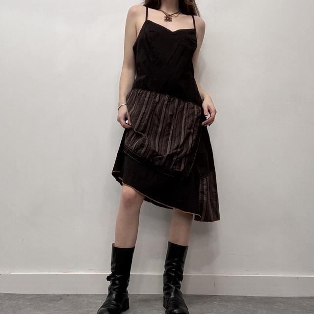 Brown pinstripe asymmetric cargo dress
