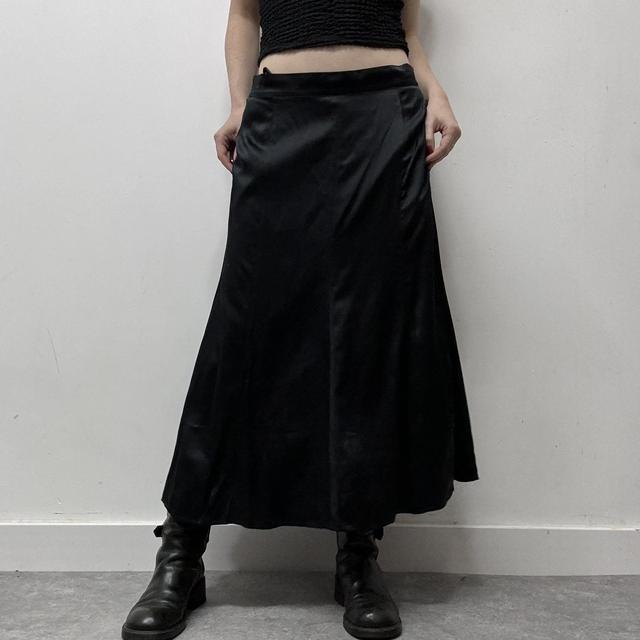 Black silk flared midi skirt