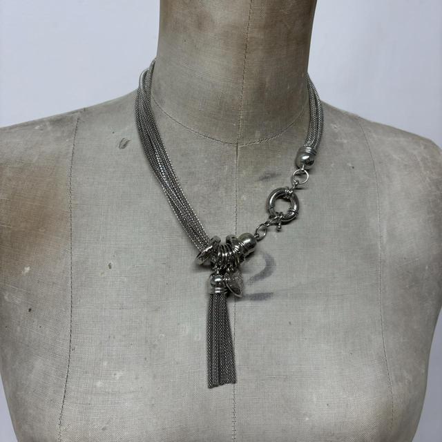 Layered chunky silver chain tassle necklace