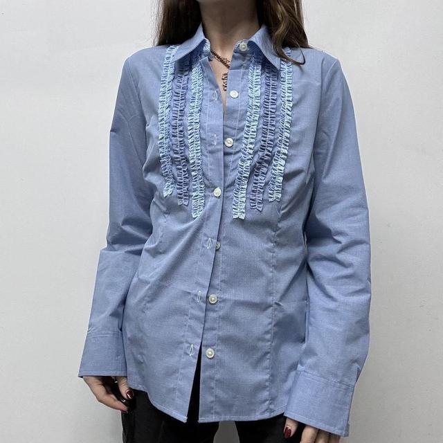 Blue pinstripe ruffle shirt