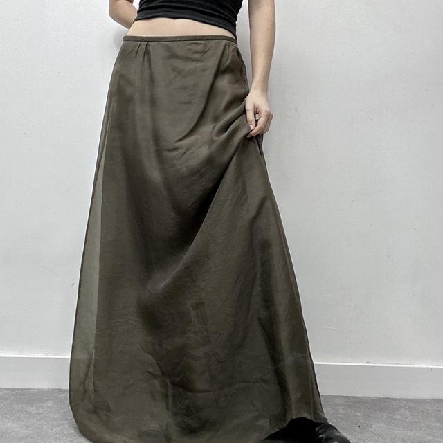 Khaki green sheer layered silk maxi skirt