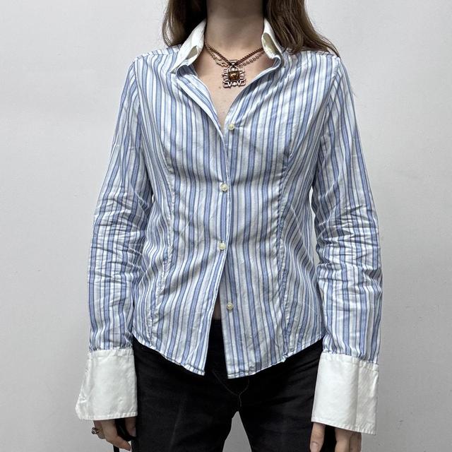 Blue pinstripe flared office shirt