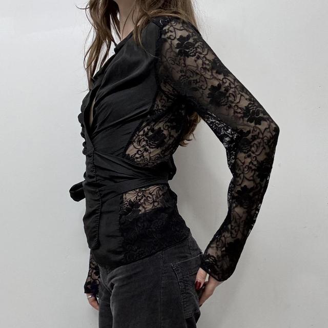 Black lace crinkle wrap top