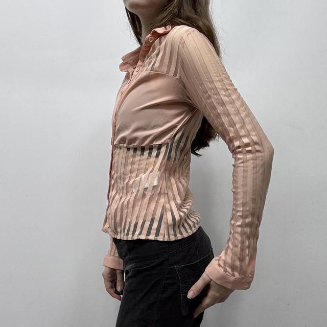 Pink mesh pinstripe sheer flared shirt