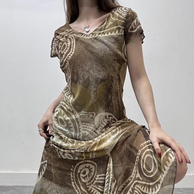 Distressed brown patterned bias cut 90s dress