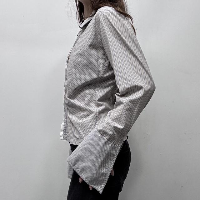 Corset gathered pinstripe flared office shirt