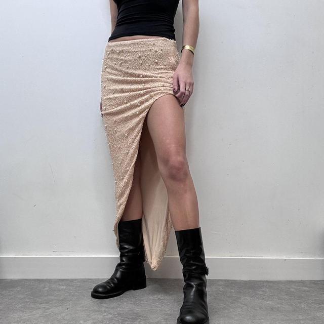 High slit beaded tan maxi skirt
