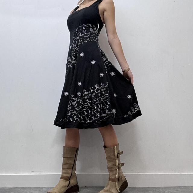 Black boho embroidered flared midi dress