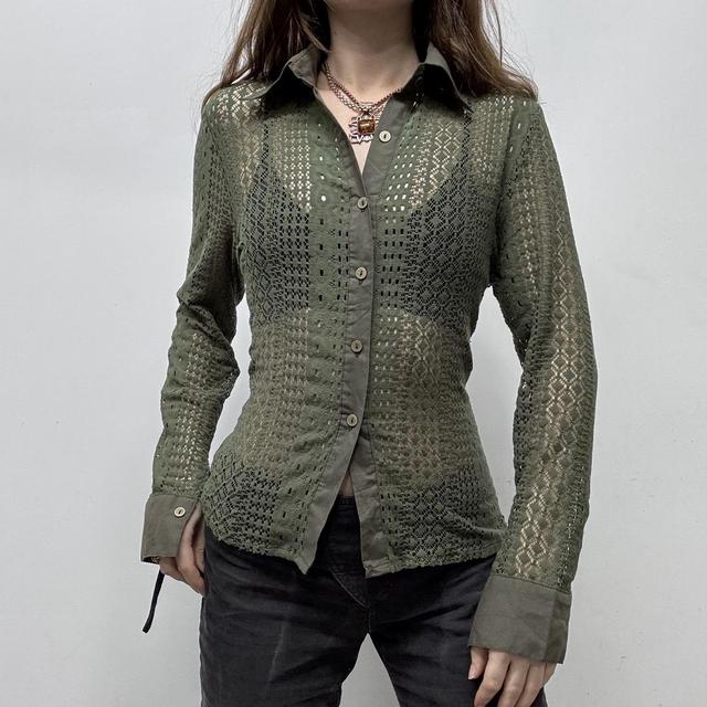 Khaki lace sheer fitted shirt