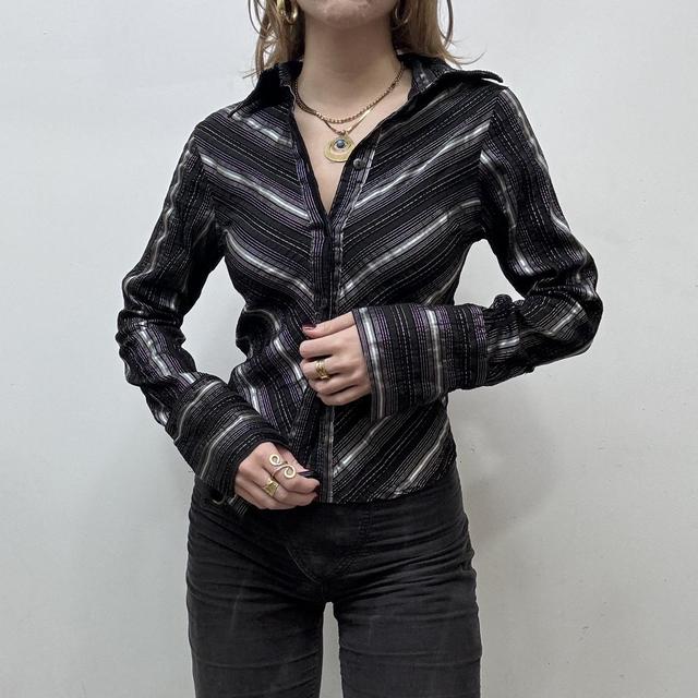 Black flared pinstripe officecore shirt