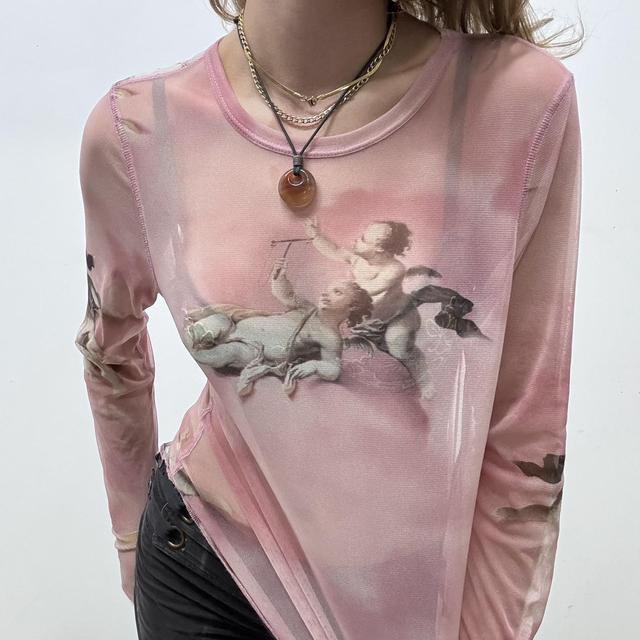Sheer pink graphic print angel t-shirt