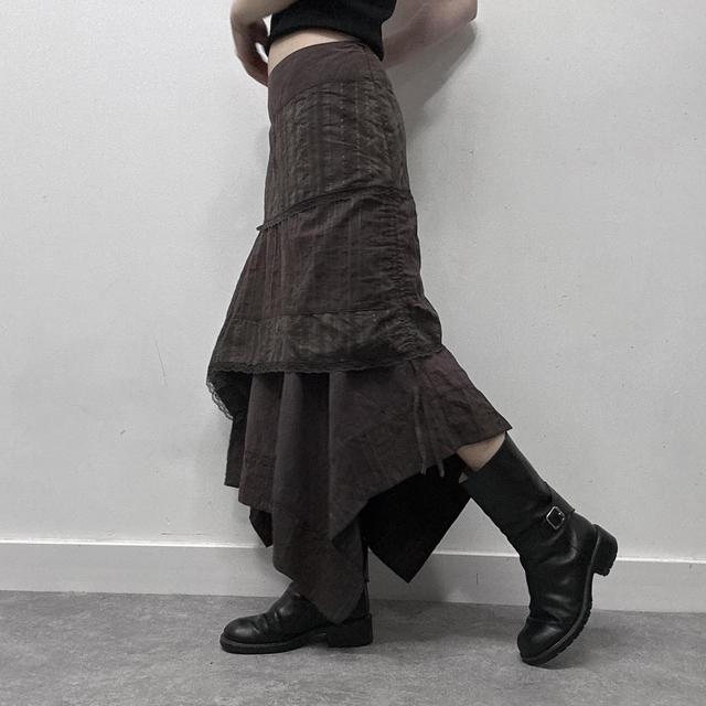Asymmetric brown pinstripe layered maxi skirt