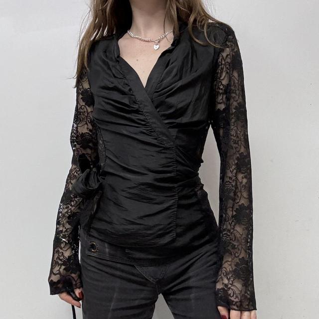 Black lace crinkle wrap top
