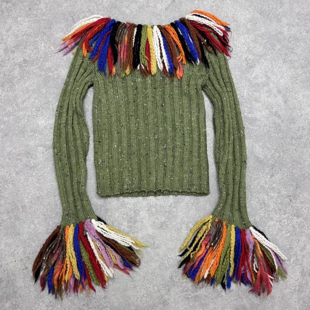 Ribbed knit tassel flared cardigan