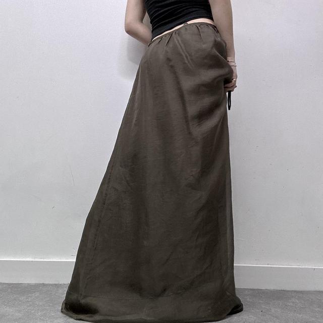 Khaki green sheer layered silk maxi skirt