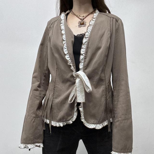 Brown pinstripe bow shirt