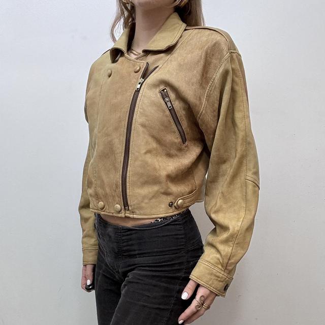 Cropped tan leather biker jacket