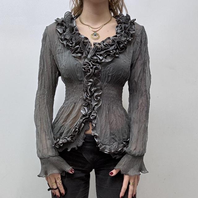 Grey crinkle ruffle flared shirt