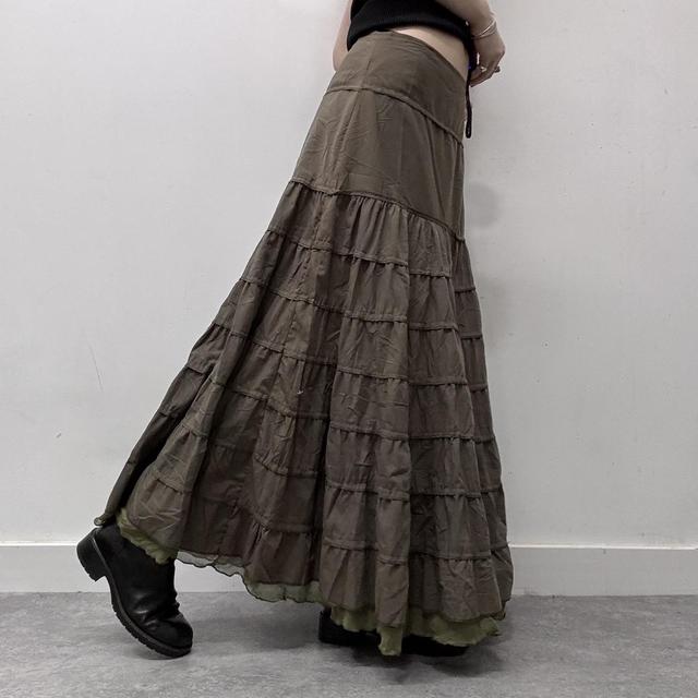 Khaki layered flared maxi skirt