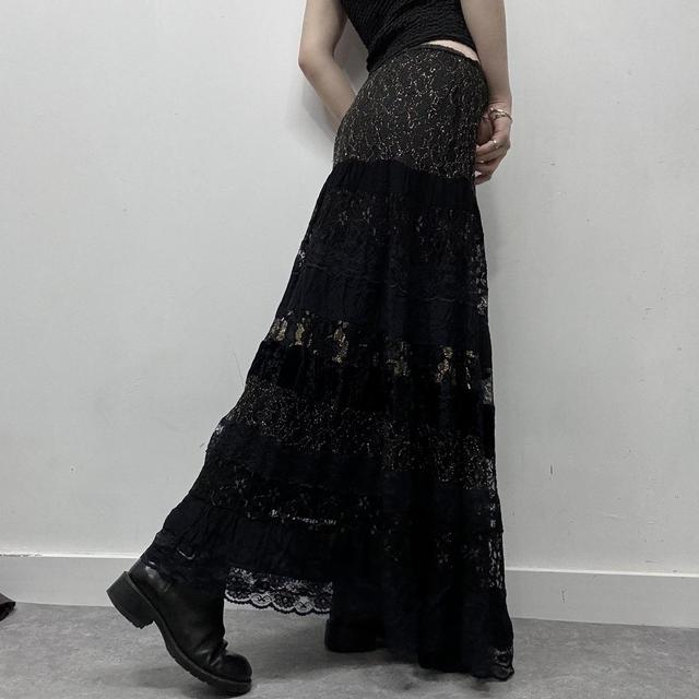 Black layered lace maxi skirt