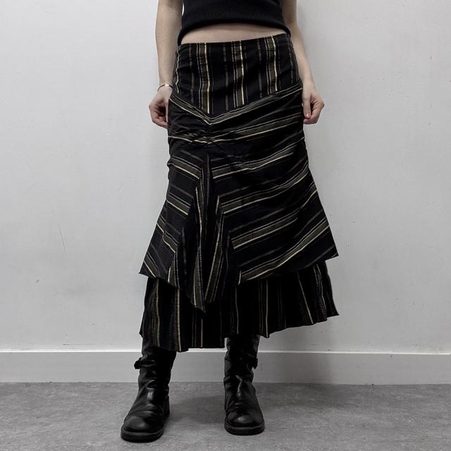Pinstripe asymmetric ruched midi skirt