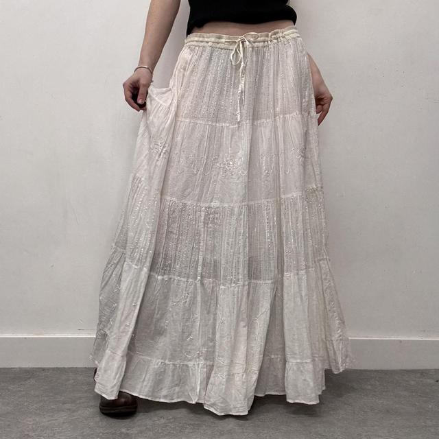 Crinkle layered white cotton maxi skirt