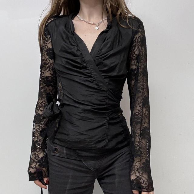 Black lace crinkle wrap top