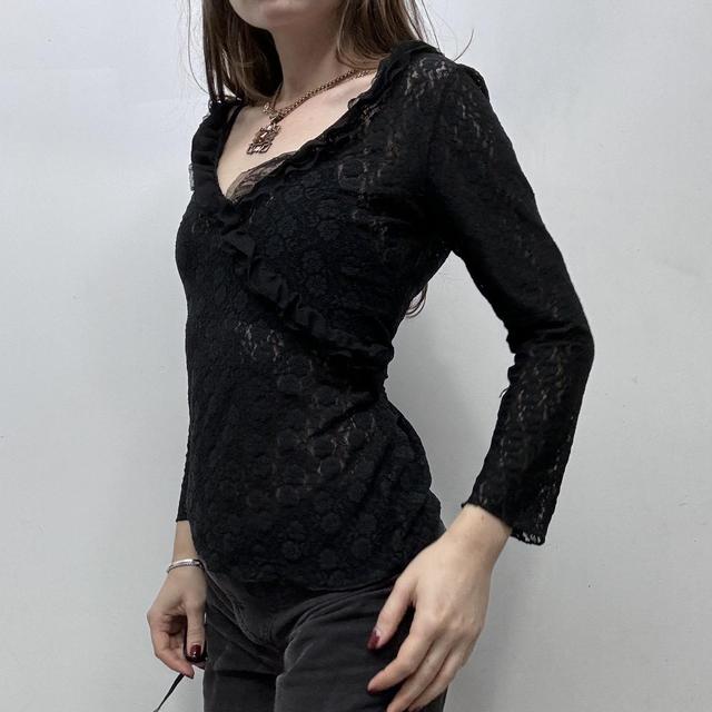 Black sheer lace wrap ruffle shirt