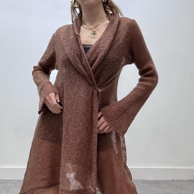 Brown sheer watefall pointelle knit fairy cardigan