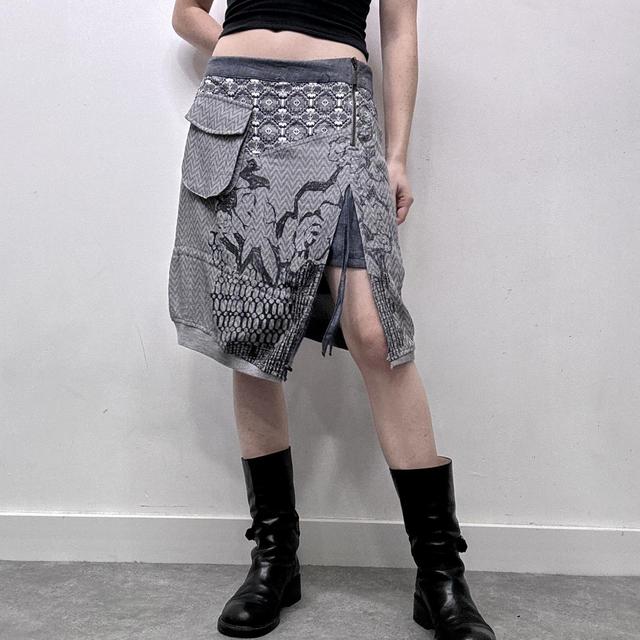 Grey graphic patterned asymmetric midi skirt