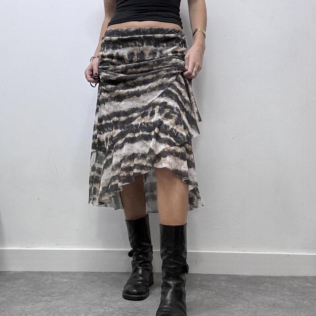 Sheer mesh distressed print ruffle midi skirt