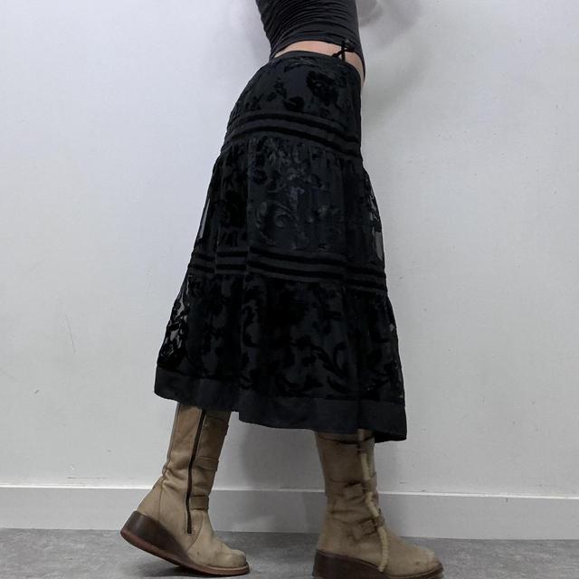 Black tiered velvet floral patterned midi skirt