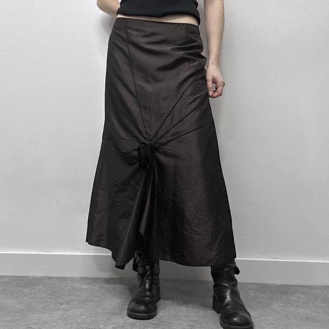 Brown satin layered asymmetric maxi skirt
