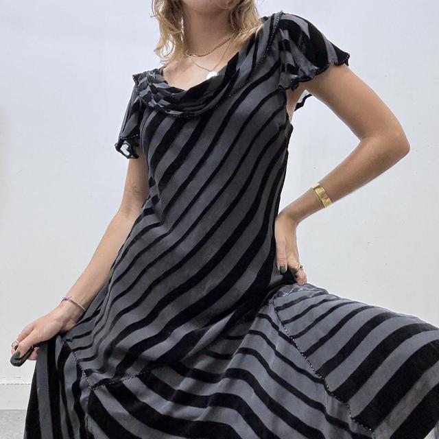 Black bias cut striped velvet maxi dress