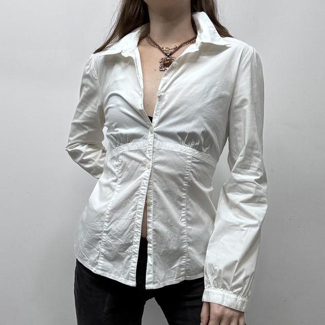 White puff sleeve button up shirt