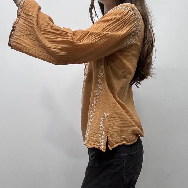 Orange cotton embroidered flared shirt