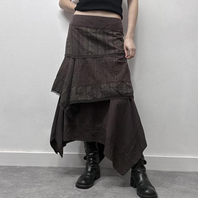 Asymmetric brown pinstripe layered maxi skirt