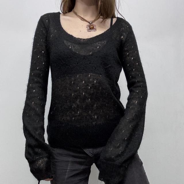 Black sheer mohair pointelle knit jumper