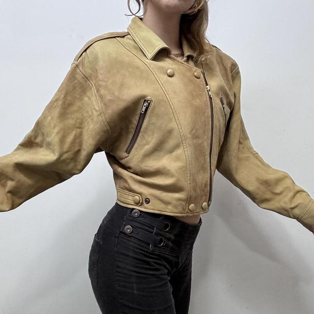 Cropped tan leather biker jacket