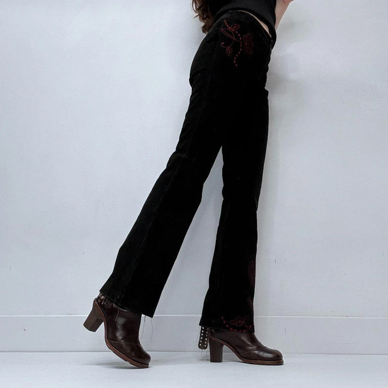 black suede embroidered trousers