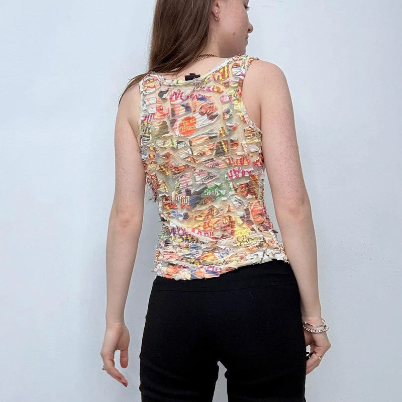 distressed sheer graphic vest