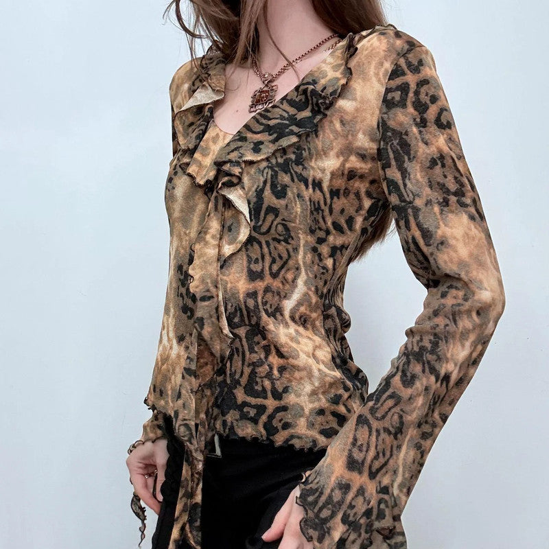 flutter ruffle flared leopard blouse