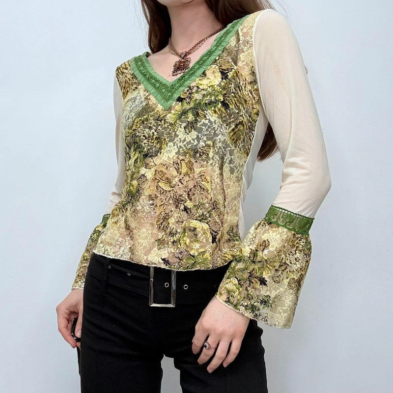 khaki flared lace boho shirt