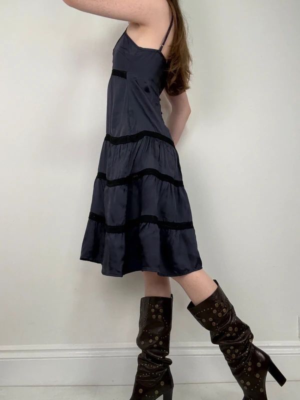 navy and lack lace flared tiered midi dress