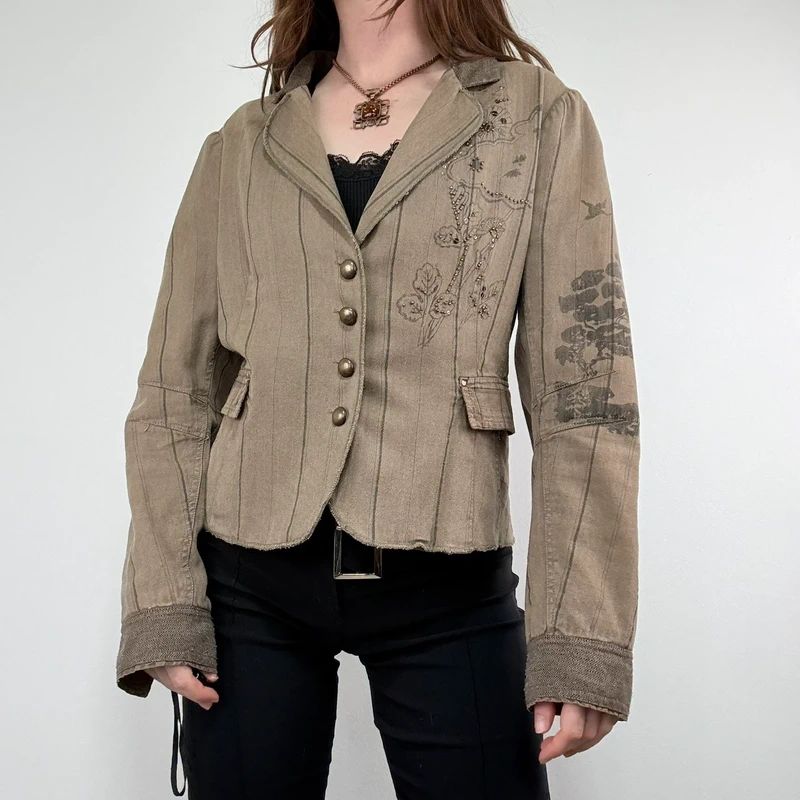 khaki tweed pinstripe fitted grunge fairy Derhy blazer